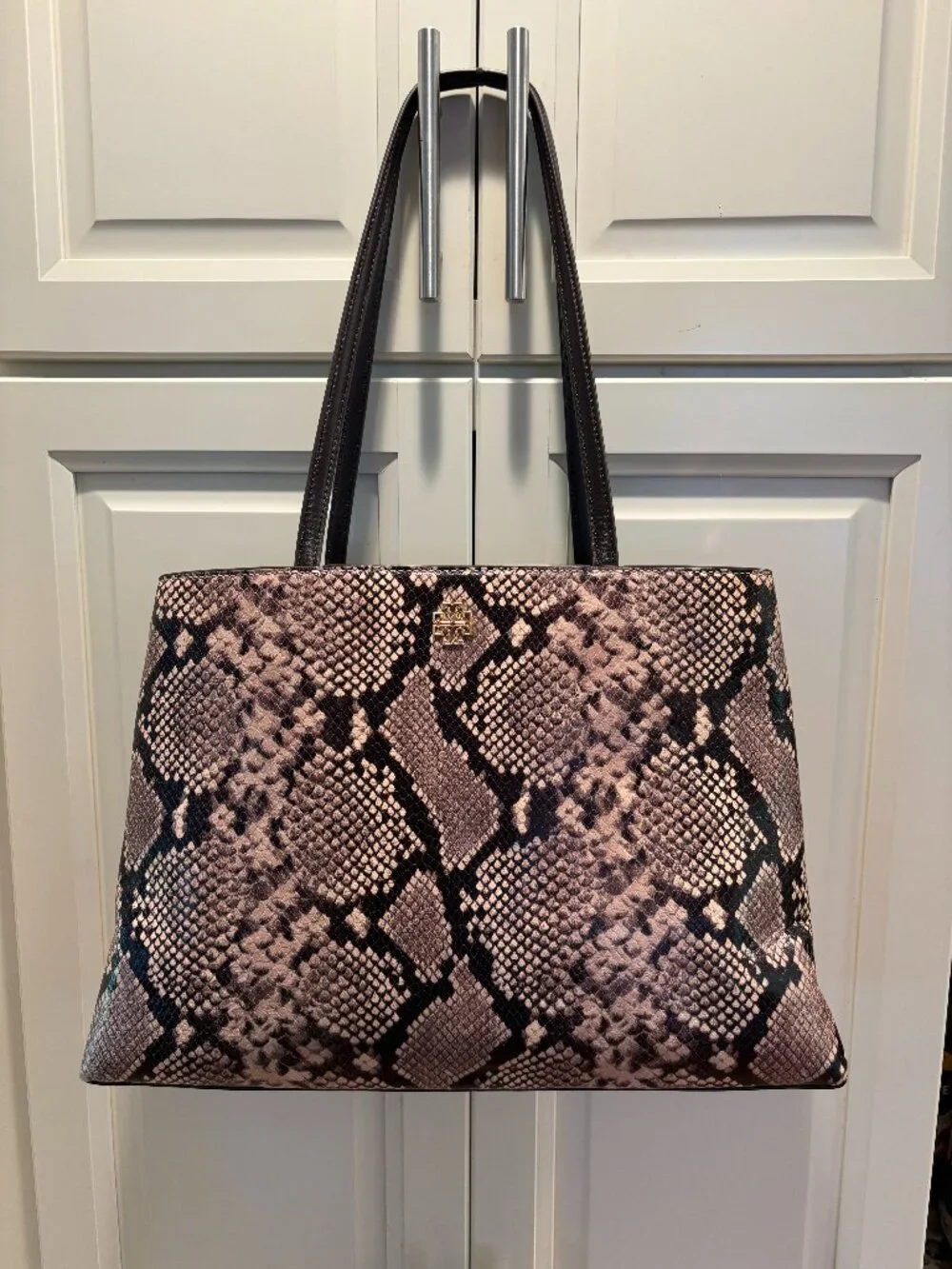 Tory Burch Snakeskin-Embossed Pink/Brown/Black Tote Bag